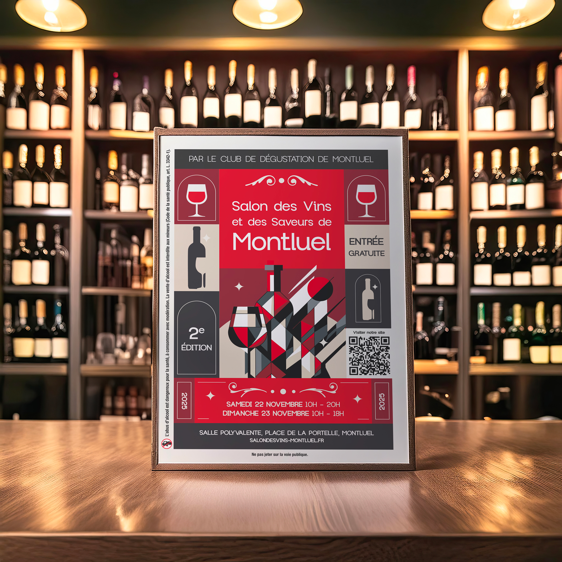 Affiche du Salon des Vins et des Saveurs de Montluel, rouge et noir